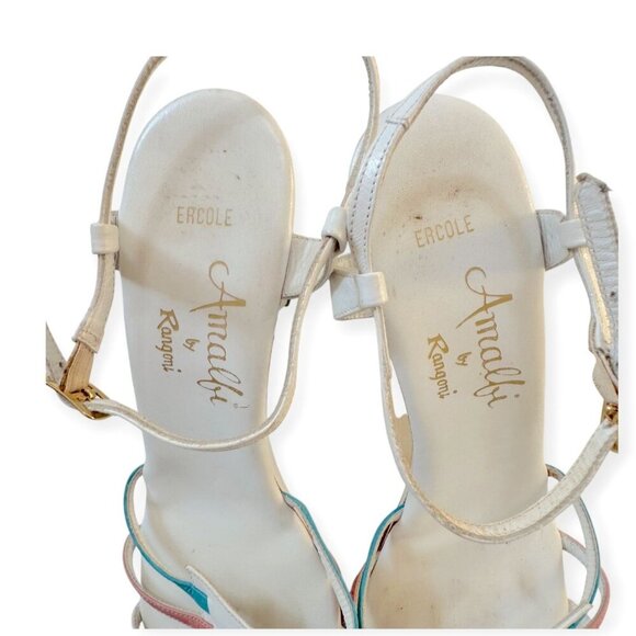 Vintage Amalfi Rangoni Sandals White Multi Strap Italy Block Heels, V-Cut Heels - Picture 9 of 11